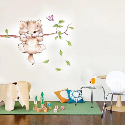 Cat Butterfly Branch Wall Stickers Kids Room Cartoon Wall Stickers Home Living Room Decoration Decal