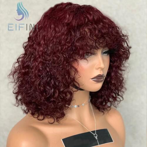 99J Colored Brazilian Jerry Curly Human Hair Wigs With Bangs Full Machine Made Short Wigs For Black Women Glueless Cheap Wigs