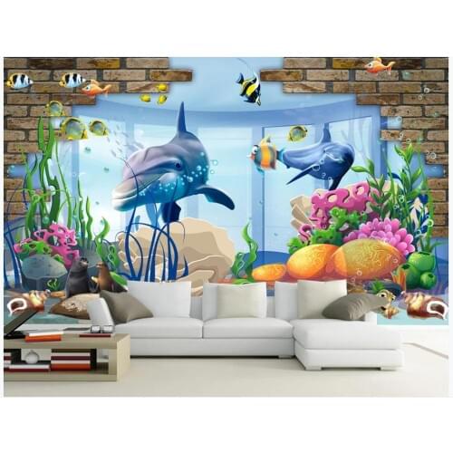 Custom photo wallpaper 3d mural wallpaper for walls 3 d Brick wall fantasy underwater World 3D dolphin background wall painting