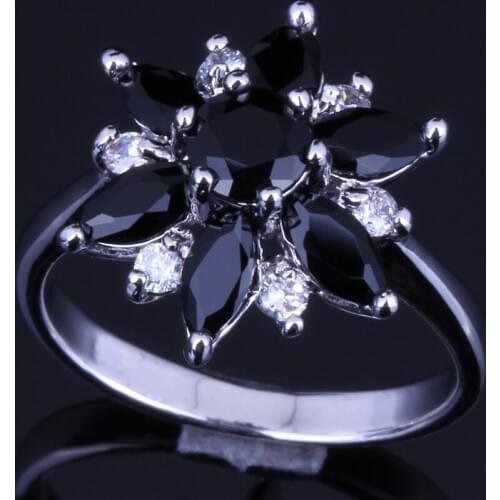 Glamorous Star Black Cubic Zirconia White CZ Silver Plated Ring V0139