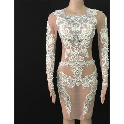 Silver Rhinestones Pearls Mesh Dress Womens Birthday Celebrate See Through Outfit Nightclub Women Singer Dancer Party Dress