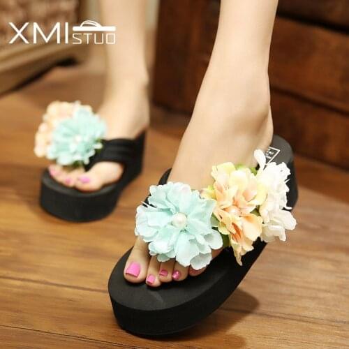 XMISTUO Summer Women Beach Bohemia Flip Flops Soft Slides 7CM High-Heel Korean House Girls Flower Slippers XM12019