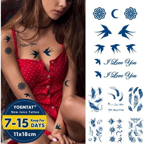 Juice Lasting Ink Tattoos Body Art Waterproof Temporary Tattoo Sticker Swallow I Love You Text Tatoo Arm Fake Sun Moon Tatto