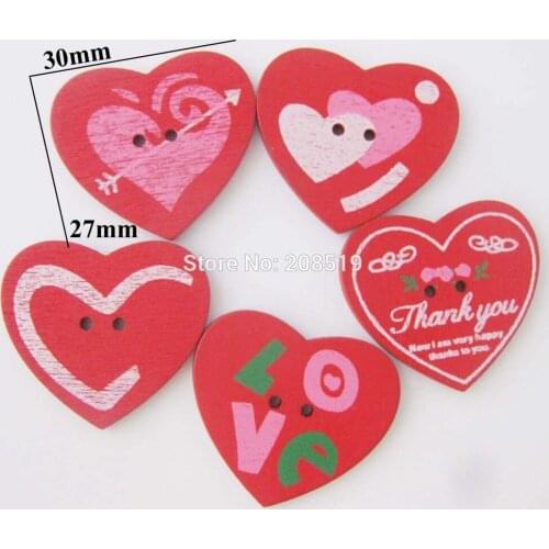 WBNNOS 30mm Heart shape Red Love Buttons Randomly 50pcs wedding Ornament sewing wood button