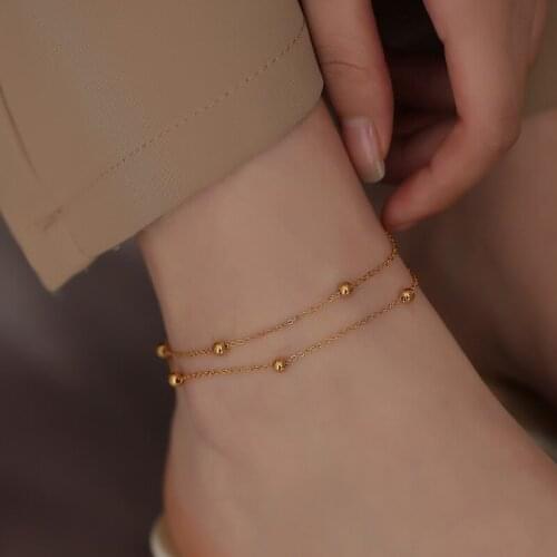 YUN RUO 2021 Colorless Unique Design 18 K Gold Double Layer Simple Transfer Bead Anklet For Girls Female Stainless Steel Anklet