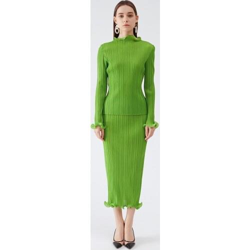 2021 Miyake Pleated Spring Summer Green Skirt Two piece Set Elegant Casual Aesthetic Clothes