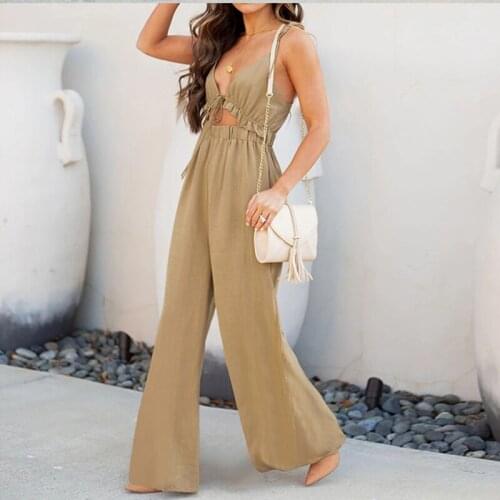 Hollow Out Sling Sexy Vest Long Pant Jumpsuit Backless Lace Up Cropped Top Women Wide Leg Trousers Romper Ladies Summer Jumpsuit