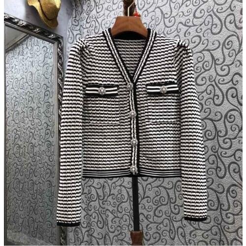 High Quality Cardigan Jackets 2021 Autumn Winter Knitwear Women V-Neck Striped Patterns Knitting Beading Button Casual Cardigan
