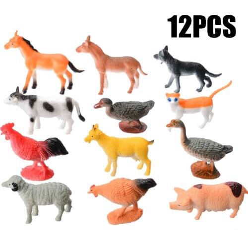 12Pcs/set Plastic Wild Farm Yard Animals Model Pig Cow Horse Dog Cat Kids Toys Set Toy Gift Decoration