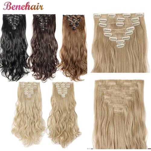 BENEHAIR Clip In Hair Extensions Long Wavy Hair Pieces Clips In Hair Synthetic Hairpiece For Women Black Brown Hair False Hair