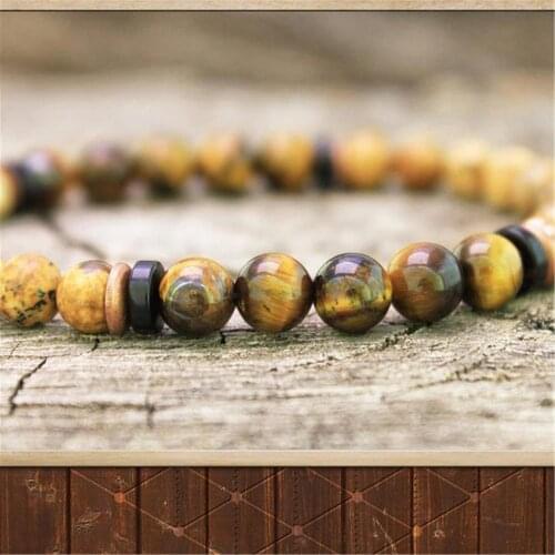 6mm Picture Stone Tiger Eye stone Mala Bracelet Japa Wristband Buddhism 7.5 inches Spirituality Classic Religious