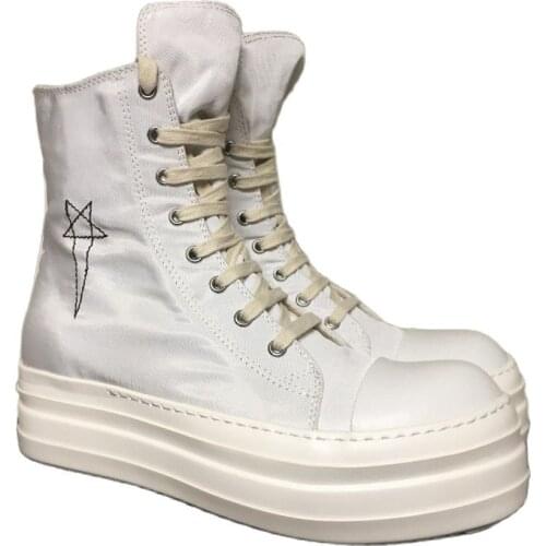 Black& Street Full white Canvas Satin Platform Increasing Boots Lace Up High-Top Thick Sole Boots