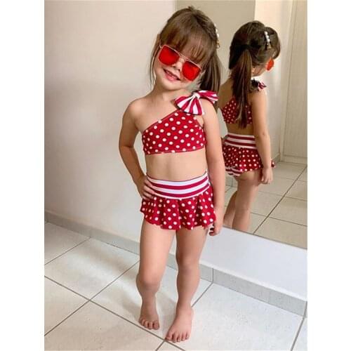 2021 New Children Girls Polka Dot Swimsuit Set Bow One-Shoulder Sleeveless Top and Skirt Stitching Swim Shorts Bikinis Set