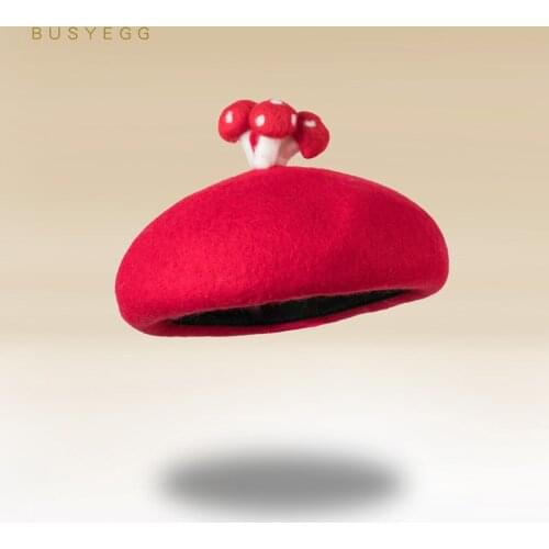Child cute mushroom red beret cap girl warm thick bonnet kids boy hats gift for women wool hat toddler panama children headwear