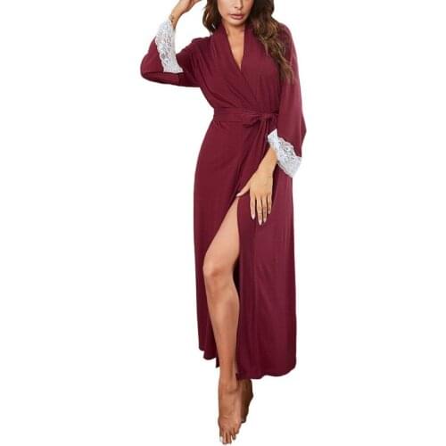 Robes Women Spring/Summer New Knitted Nightgown Lace Long Pajamas Hot Sale Lace Up Home Wear Solid Color