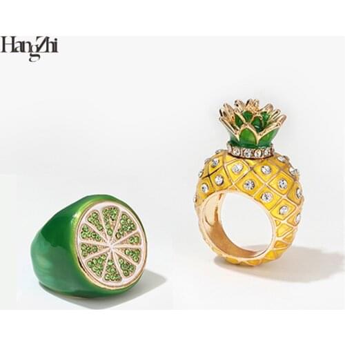 HangZhi 2020 New Trendy Hip hop Pineapple Lemon Shiny Zircon Metal Fruit Rings for Women Girl Party Hot Jewelry Gift