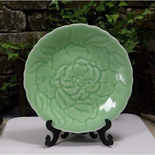 Exquisite Chinese Traditional Handicraft Green Glaze Porcelain Plate, with Peony Flower Design