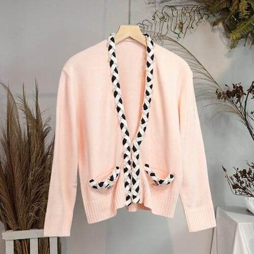 Fall 2021 Womens New Sweater Cardigan V-neck Puff Sleeve with Pearl French Brand Elegant Pocket Cardigan Top