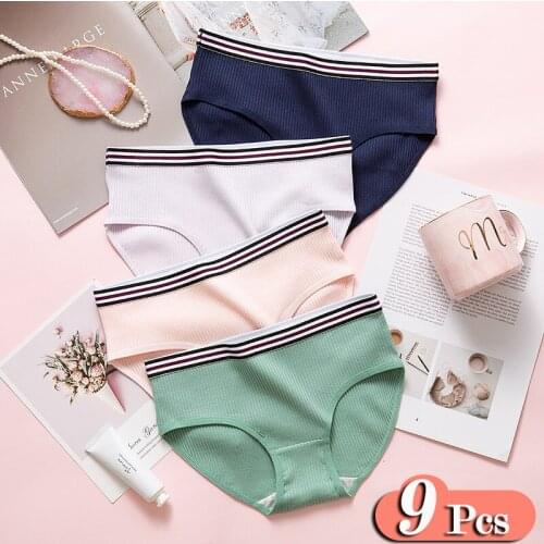 9Pcs/Lot Sporty Cotton Solid Women Underwear Briefs Set Female Striped Breathable Briefs Set Sexy Sanitary Panties Lingerie