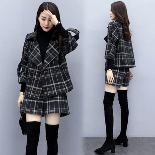 2021 British Style Fashion Plaid Wool Suit Shorts Jacket Set Blazer Feminino Plus Size 4xl Womens Clothing Eastic Waist