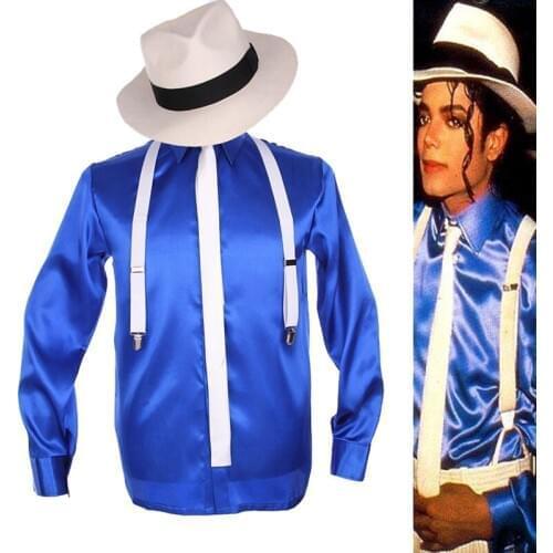 MJ Michael Jackson Smooth Criminal Bule Shirt MTV Fedora Tie Suspender For Men Kids Gift