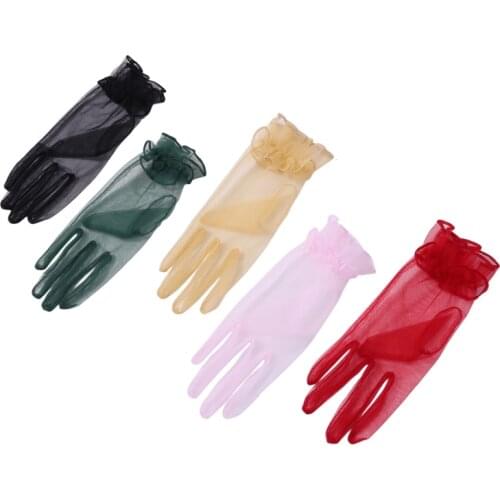 1 Pairs Women Gloves Lace Black Gloves Full Finger Gloves Fashion Short Tulle Gloves Elastic Etiquette Lotus Leaf Shears