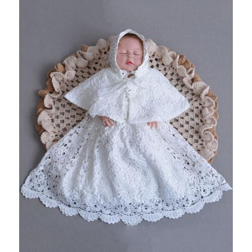 Baby Girl Baptism Dress Bebe Winter Hollow out Lace Ruffles Christening Gown+Cape+Hat First Birthday Dresses for Newborn 9M 12M