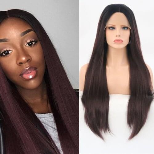 QUINLUX WIGS Synthetic Lace Front Wigs For Black Women Ombre Burgundy Long Straight Hair Cosplay Wig High Temperature Heat Fiber