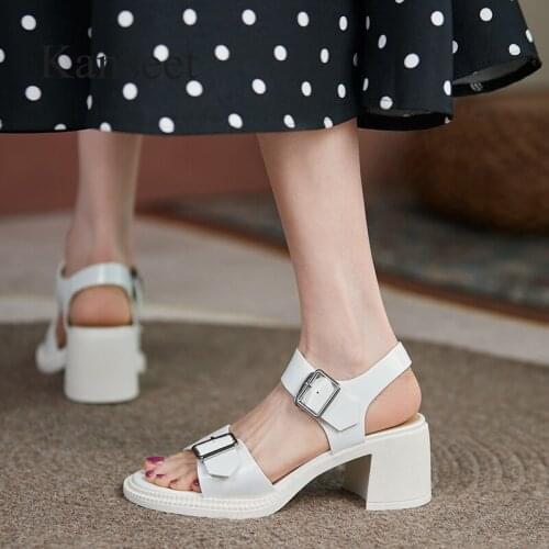 Kanseet 2021 New High Heels Sandals Women Buckle Strap Summer Black Beige Genuine Leather Shoes Woman Casual Thick Heels Shoes