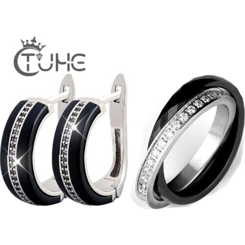 On Row Stone C Shape Earrings Double Two Rings With Bling Rhinestone Healthy Ceramic Jewelry Earrings Rings for Women Jewelry