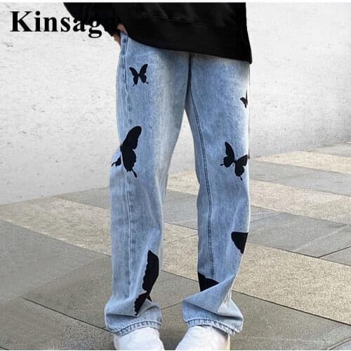 Plus Size Women Pants Light Bule Butterfly Print Harajuku Straight Jeans Mom 5XL Woman Vintage Loose Long Trousers