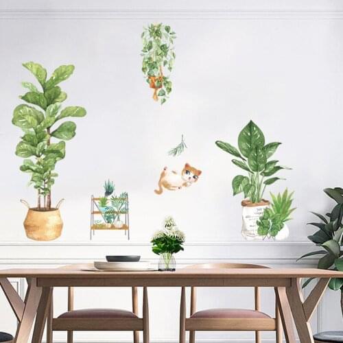 Green Plant Potted Kitten Wall Stickers Modern Home Decor Bedroom Living Room Background Wall Art Mural DIY Teen Room Decoration