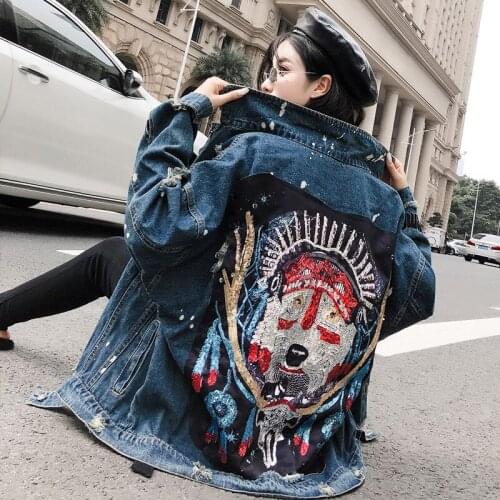 2021 Women Denim jacket womens spring and autumn new large size womens beaded wolf totem sequins ripped top Y625