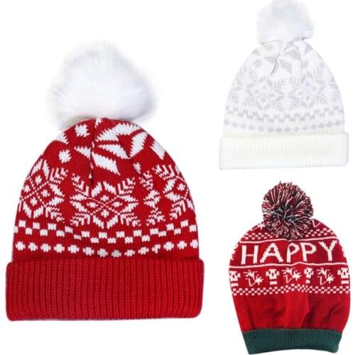 Women Winter Knitted Beanie Hat Christmas Snowflake Cute Fluffy Pompom Stretch Cuffed Skull Cap Ear Warmer Holiday Party Hat