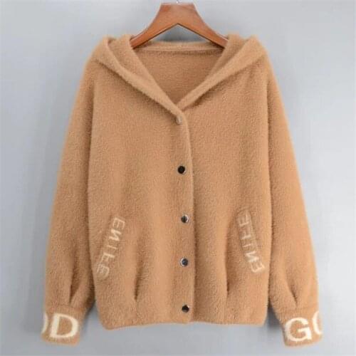 Autumn Winter Imitation Mink Sweater Coat Women Korean Hooded Long sleeve Letter Thick knitted Cardigan Loose Ladies Tops H574