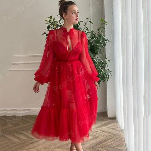Elegant Red Long Sleeves Muslim Evening Dress Ankle Length Prom Dress 2021 Robes Soiree Dubai Women Wedding Formal Party Dresses