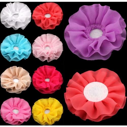 120pcs/lot 4" 15colors Solid DIY Big Ruffled Chiffon Flower For Girls Hair Accessories Artificial Fabric Flowers For Headbands