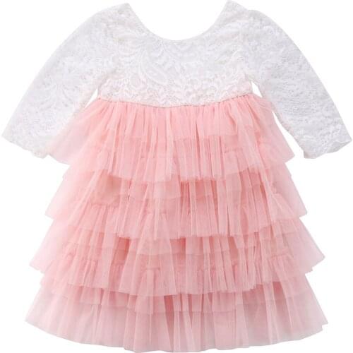 2017 Cute Toddler Kid Baby Girls Lace Long Sleeve Patchwork Ball Gown Dress Party Party Pageant Dresses Size 1-6T