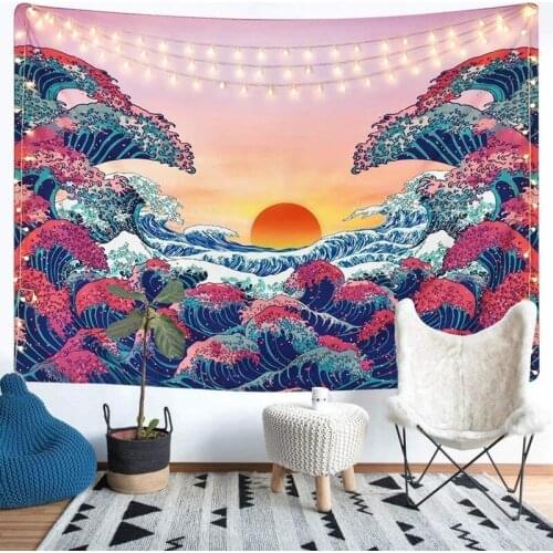 3D Great Wave Sea Wall Hanging Blanket Home Decoration Big Polyester Ocean Wave Sunset Tapestry Living Room Ornament