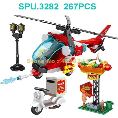 5113 267pcs Urban Fire Rescue Helicopter Pedal Motorcycle Hot Dog 2 Dolls Building Blocks Toy