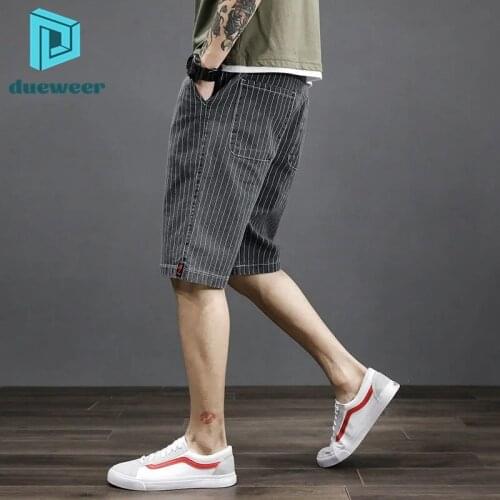 DUEWEER Mens Jeans Summer Striped Stretch Casual Shorts Streetwear Men Loose Baggy Distressed Straight Leg Denim Pants