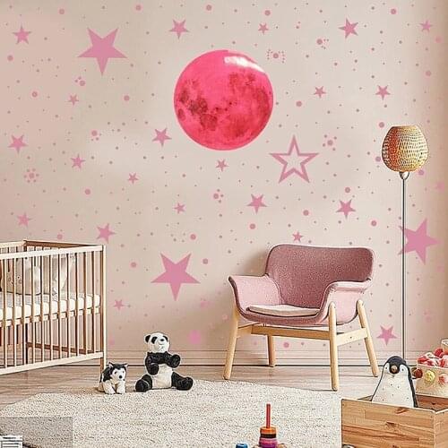 DIY Art Fluorescent Decals 3D Pink Moon Luminous Wall Stickers for Kids Rooms Home Decor Bedroom Glow in the Dark