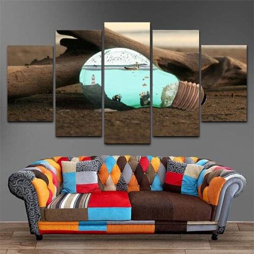 HD Canvas Printed 5 Piece Wall Art The World in the Light Bulb Home Decor Poster Picture For Living Room YK-603