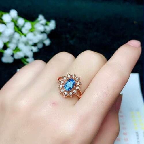 Exquisite blue topaz ring for women jewelry real 925 silver ring with natural gem girl party gift blue color gold plated