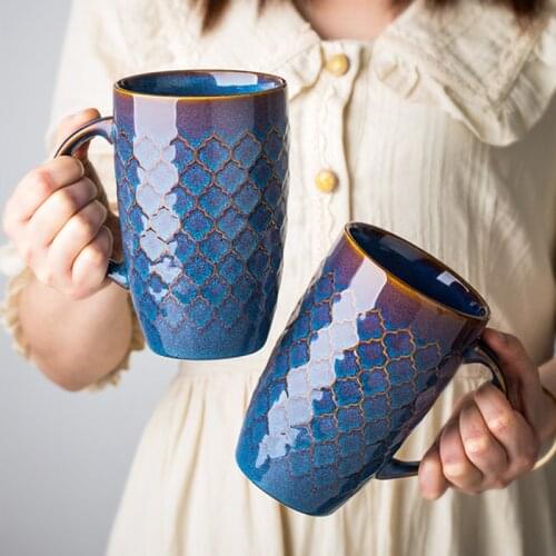 High-value large-capacity ceramic mug retro embossed large tall cup home water cup coffee cup