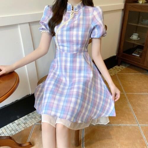 Chinese Summer Traditional Chinese Cheongsam Dress Women Girls Retro Qipao Bodycon Short Plaid Vintage Fashion Mini Dresses