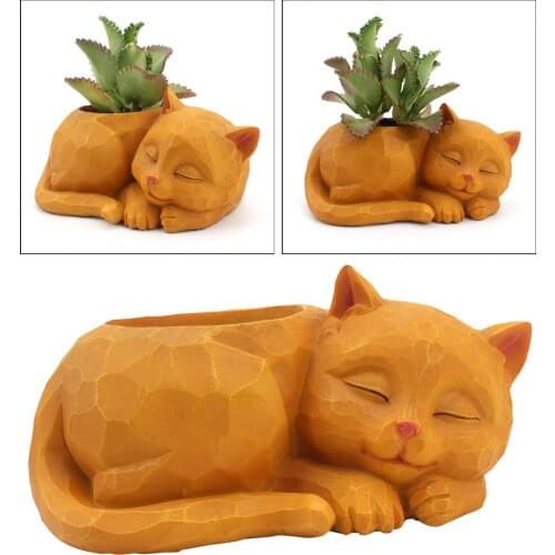 Lovely Sleeping Cat Succulent Cactus Flowerpot Resin Herb Planter Container for Home Office Decoration