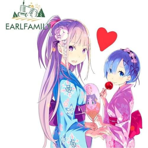 EARLFAMILY 13cm x 10.1cm for Rem and Emilia Car Truck Decal Bumper Window Personality Creative Stickers Anime Decoration