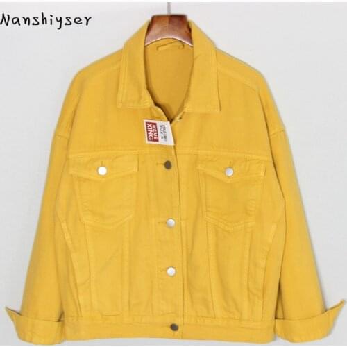 Autumn Plus size Women Loose Vintage Long sleeve Yellow Denim jacket Female Streetwear High quality Oversized Casual Jean jacket