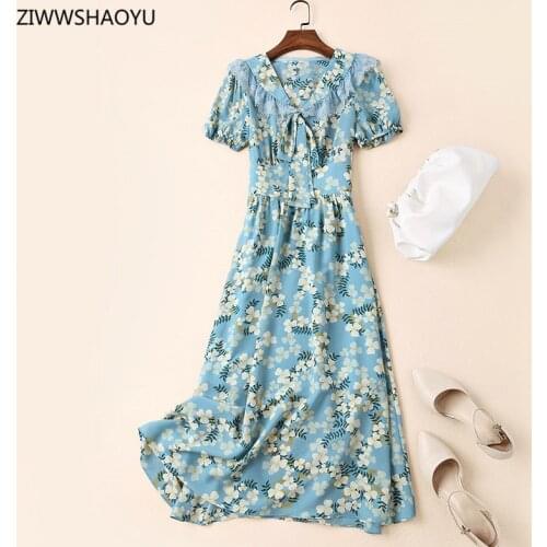 ZIWWSHAOYU Summer Women Midi Dress Bow Lace Lapel Lantern Sleeve High Waist Floral Printing A-Line Elegant Prom Dresses Vestidos